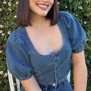 Denim Crop Top w/ Puff Sleeves